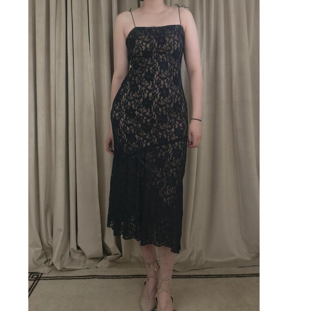 Vintage Black Lace Slip Drop Waist Dress with Spaghetti Straps